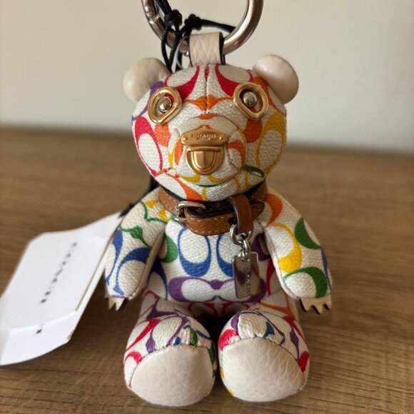 Coach Collectible Bear Bag Charm In Rainbow Signature Canvas CJ953 NWT - Picture 1 of 7